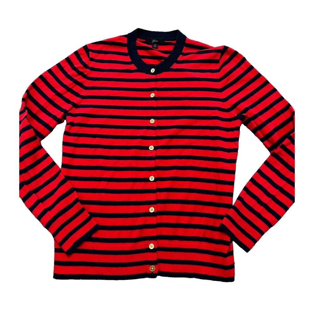 J Crew Women's M Red And Blue Striped Cotton Jackie Cardigan Sweater Lightweight